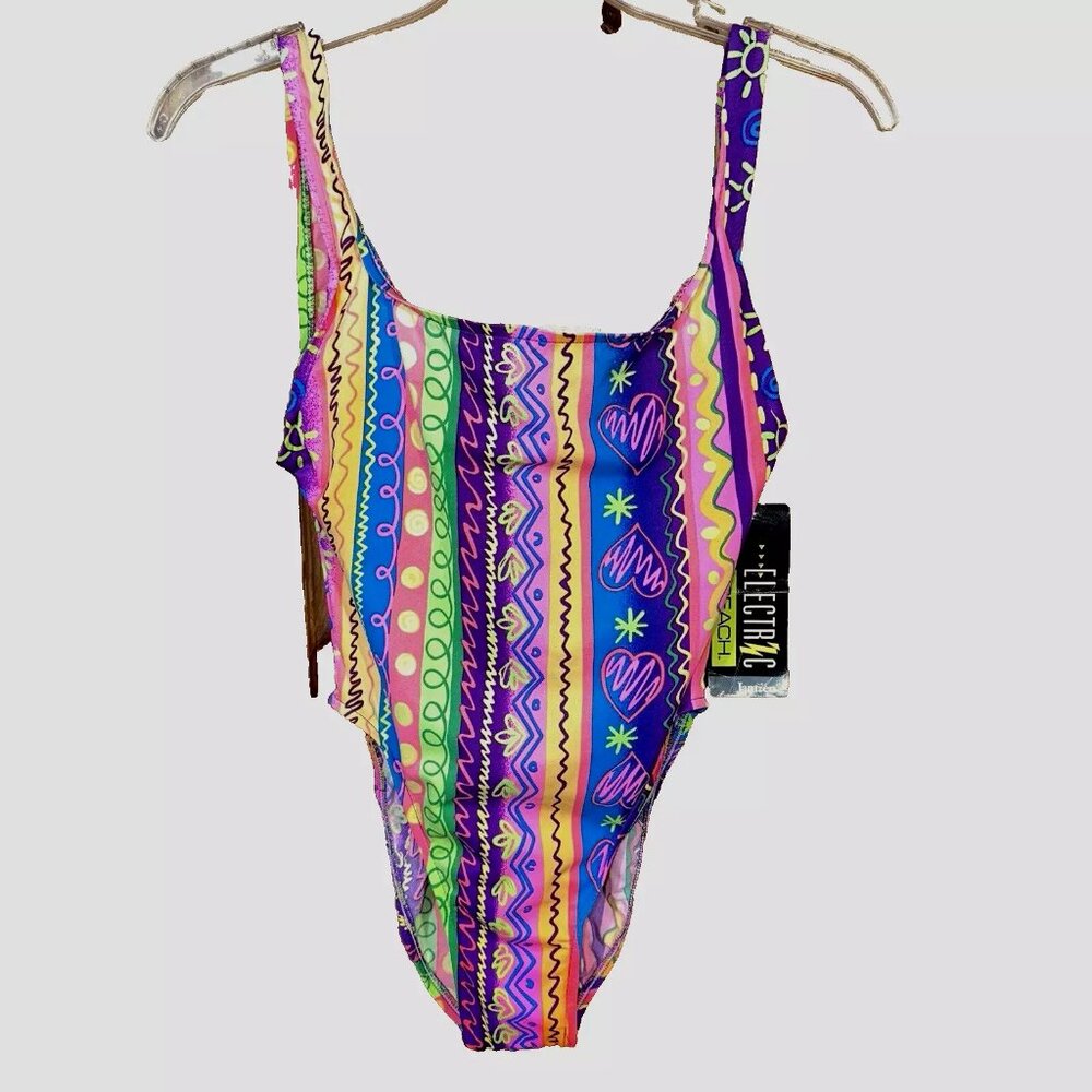 Vintage Electric Beach by Jantzen 1- Piece Swimsuit High Cut Colorful 9/10 NWT
